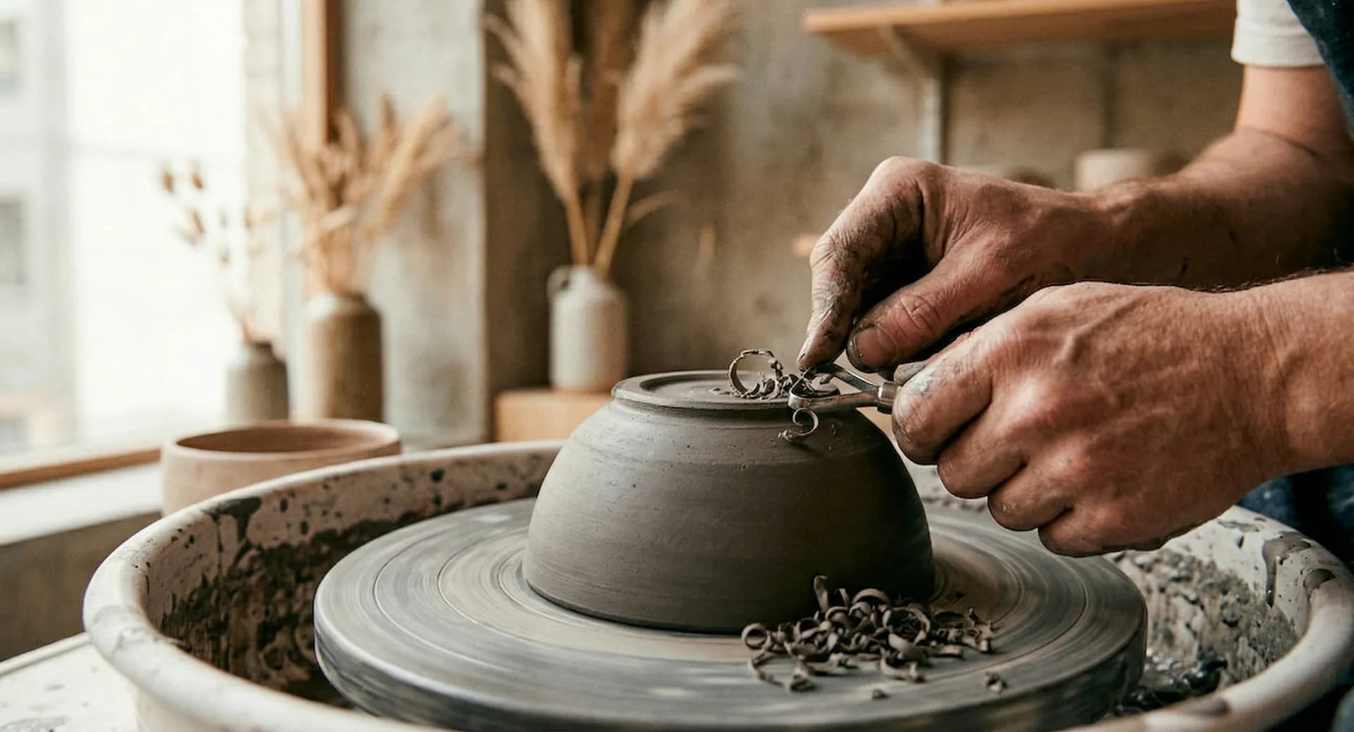 Keramiker skrapar och förfinar en pjäs på drejskivan
