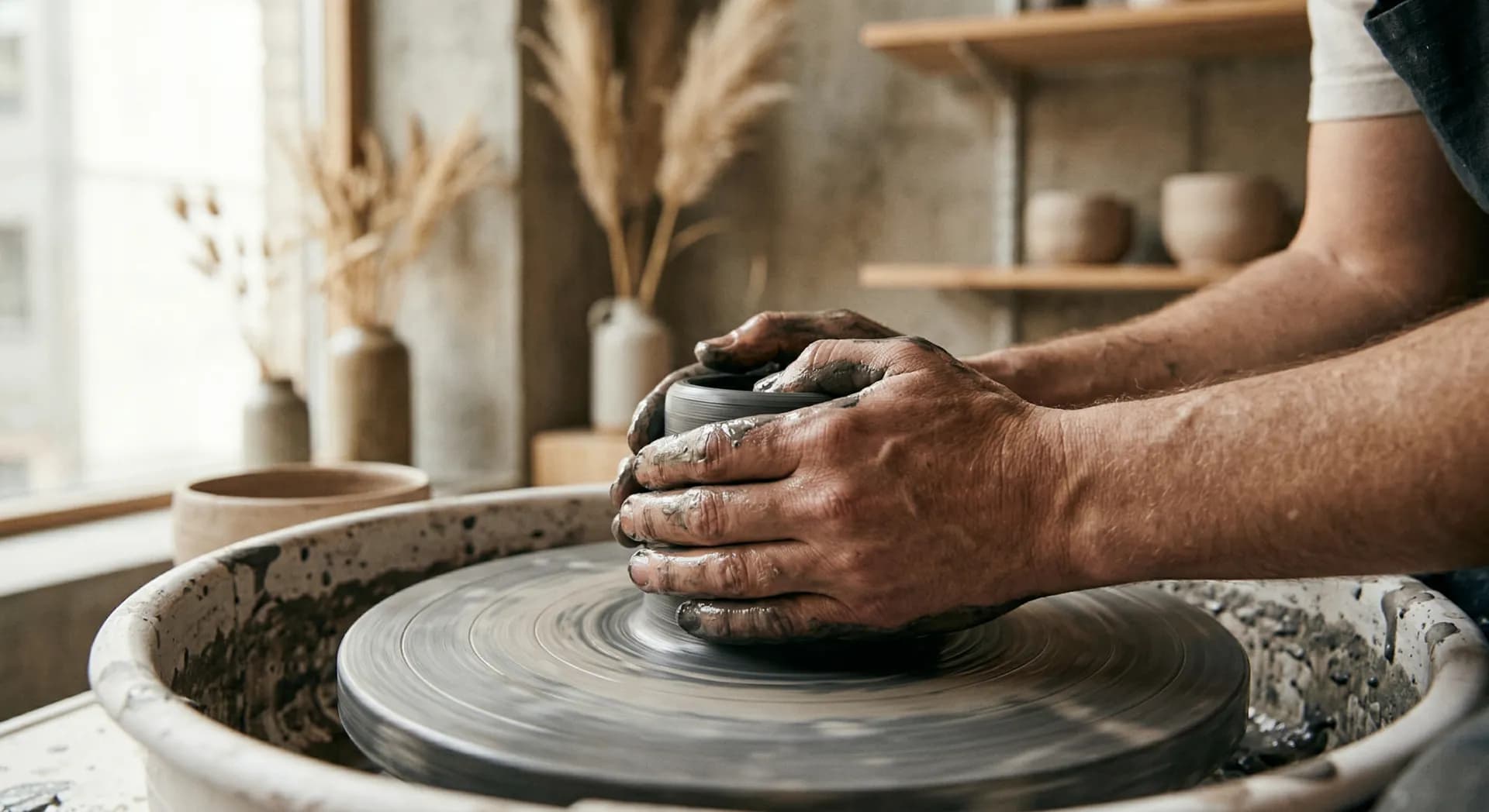 Keramiker formar lera på drejskivan