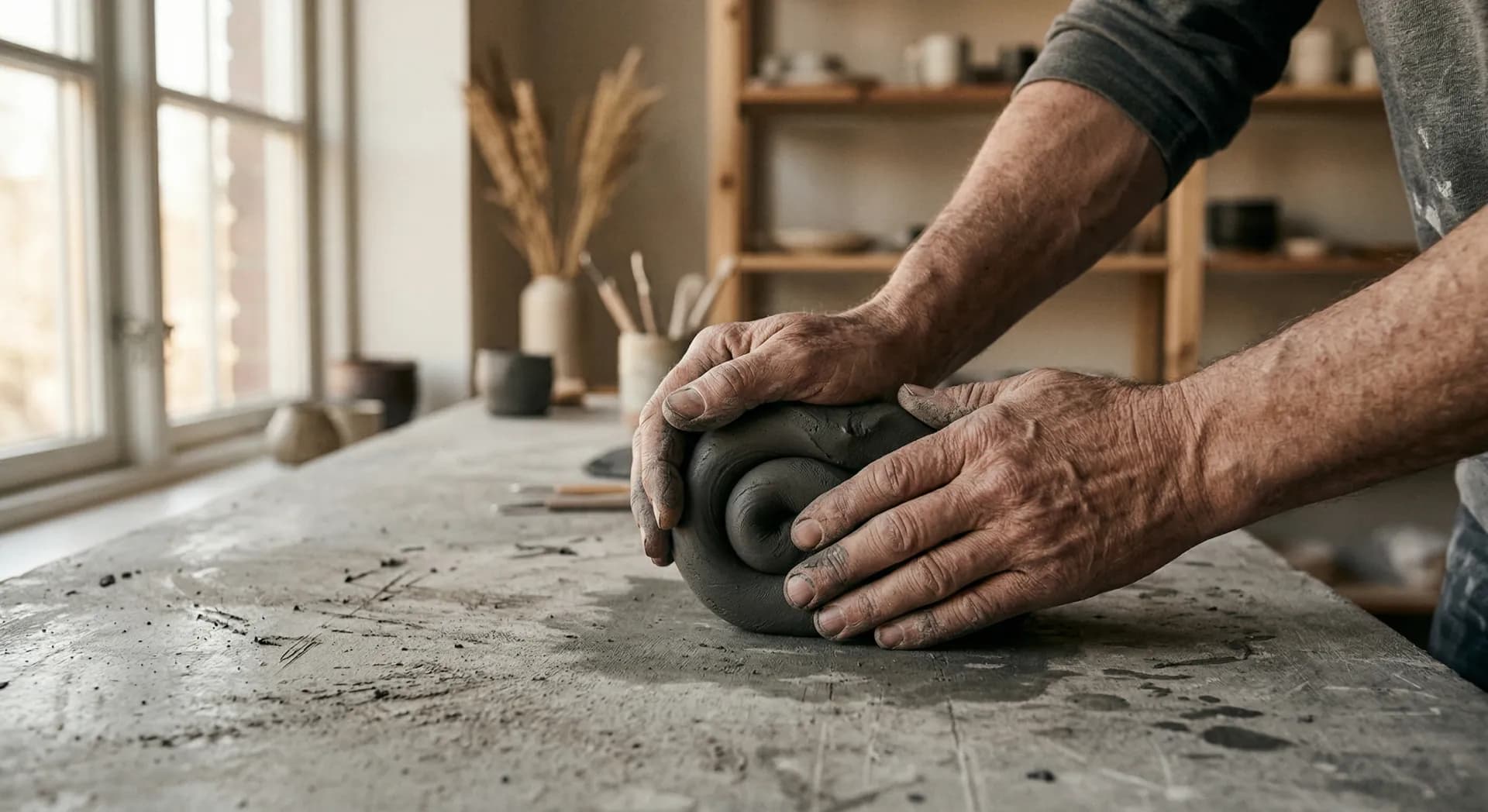 Keramiker knådar lera för hand